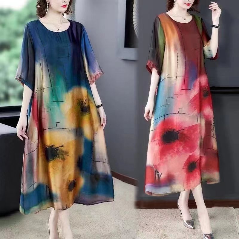 : Mother Dress Dress Summer Women's Artistic Printing Short-sleeved Round Neck Large Size Women's Mid-length Dress Age-reducing Dress for Women