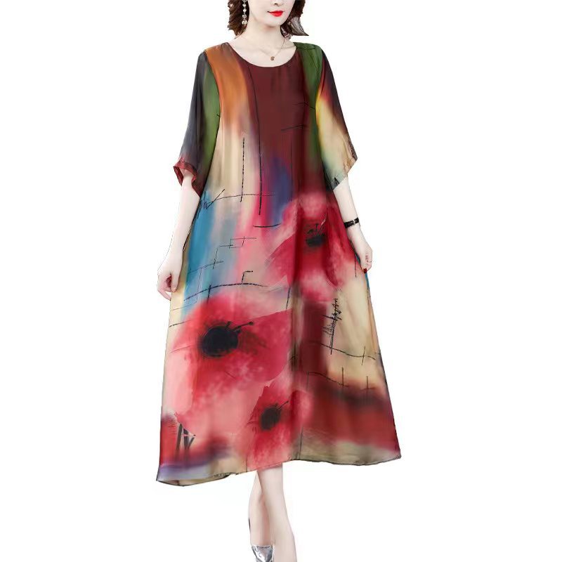 : Mother Dress Dress Summer Women's Artistic Printing Short-sleeved Round Neck Large Size Women's Mid-length Dress Age-reducing Dress for Women