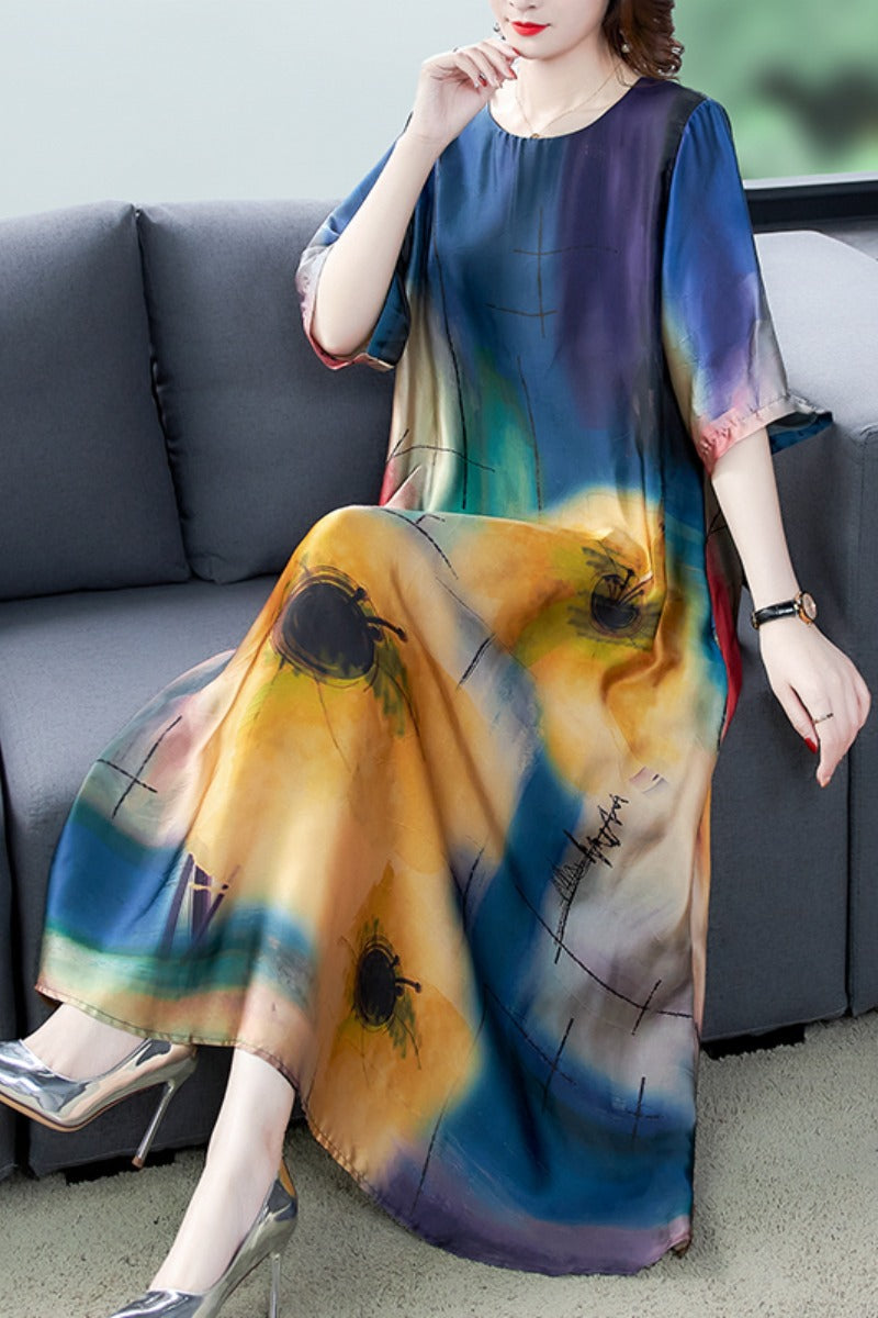 : Mother Dress Dress Summer Women's Artistic Printing Short-sleeved Round Neck Large Size Women's Mid-length Dress Age-reducing Dress for Women